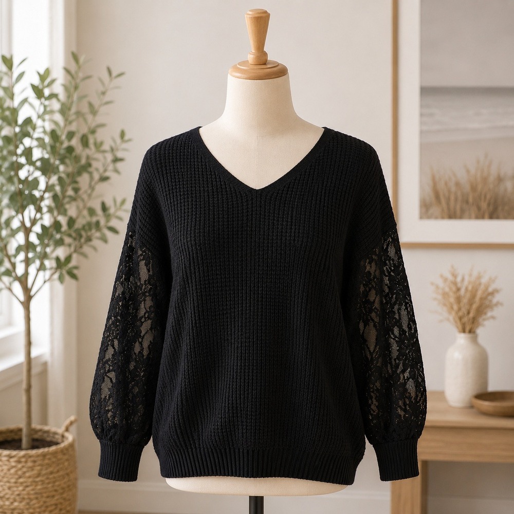 NWT Cupshe V-Neck Sweater Womens‎ Medium Black Lace Sleeve Knit CAA06A4J017AA